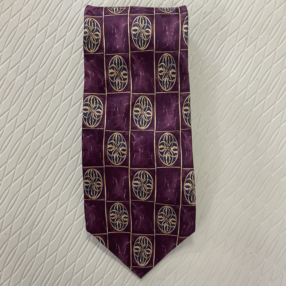 Barrington Men's Necktie 100% Silk Purple/Tan/BlueGeometric 3.75"Wide New